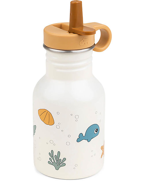 Done By Deer Metal Bottle 350 ml - Sea Friends - Beige - with Hideway Straw! Non-Thermal Water Bottles