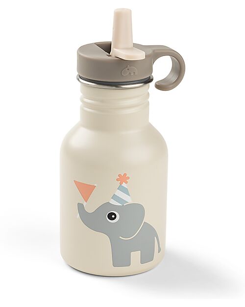 Done By Deer Metal Water Bottle 350 ml - Celebration - Sand - with Hidaway Straw! - 12m+ Non-Thermal Water Bottles