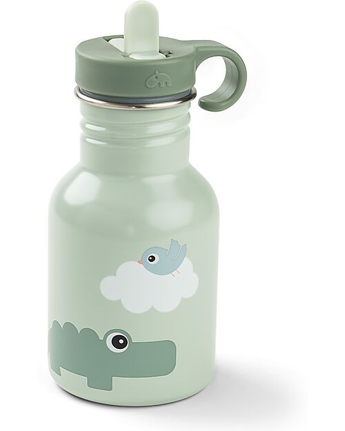 Done By Deer Metal Water Bottle 350 ml - Playground - Green - with Hidaway Straw! - 12m+ Non-Thermal Water Bottles