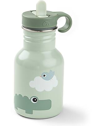Done By Deer Metal Water Bottle 350 ml - Playground - Green - with Hidaway Straw! - 12m+ Non-Thermal Water Bottles