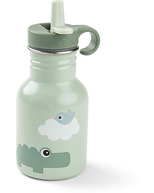 Done By Deer Metal Water Bottle 350 ml - Playground - Green - with Hidaway Straw! - 12m+ Non-Thermal Water Bottles