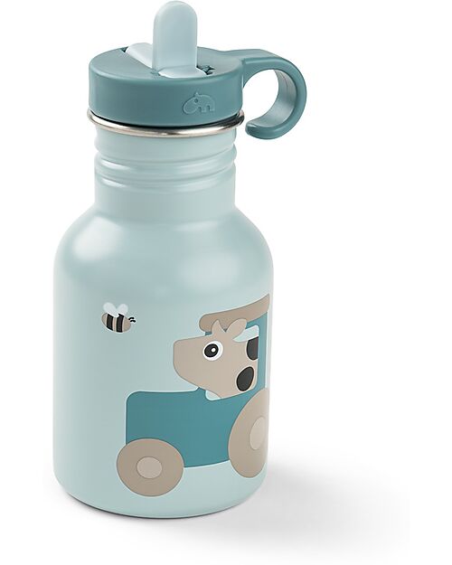 Done By Deer Metal Water Bottle 350 ml - Tiny Farm - Blue - with Hidaway Straw! - 12m+ Non-Thermal Water Bottles