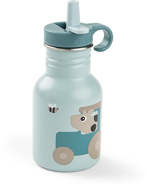 Done By Deer Metal Water Bottle 350 ml - Tiny Farm - Blue - with Hidaway Straw! - 12m+ Non-Thermal Water Bottles