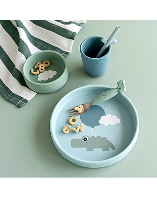 Done By Deer OUTLET - Silicone Dinner Set - Plate Bowl and Cup - Happy Clouds - Blue - Showroom Sample Meal Sets