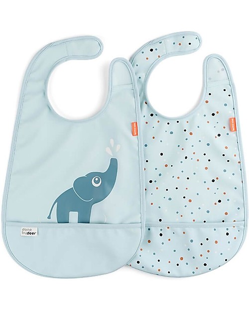 Done By Deer Pack of 2 Waterproof Bib with Pocket Deer Friends - Elphee - Blue - Oeko-Tex Certified Waterproof Bibs