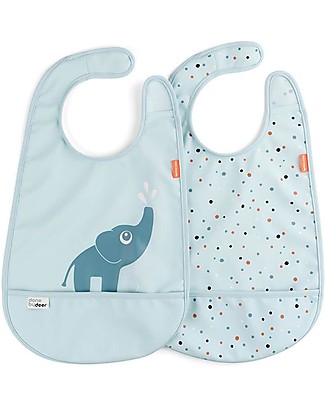 Done By Deer Pack of 2 Waterproof Bib with Pocket Deer Friends - Elphee - Blue - Oeko-Tex Certified Waterproof Bibs