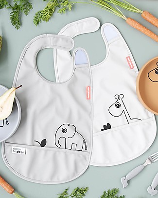 Done By Deer Pack of 2 Waterproof Bib with Pocket Deer Friends - Grey/Beige Snap Bibs