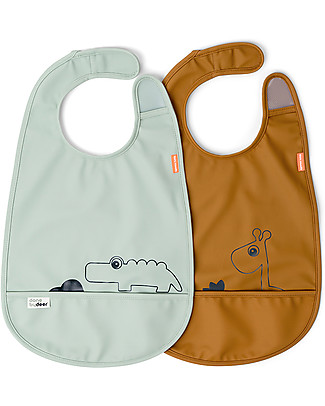 Done By Deer Pack of 2 Waterproof Bib with  Pocket Deer Friends - Mustard/Green Waterproof Bibs