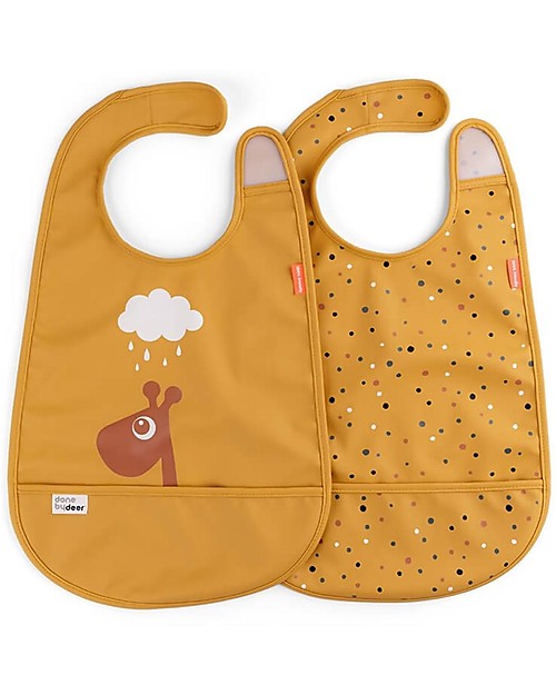 Done By Deer Pack of 2 Waterproof Bib with Pocket Deer Friends - Raffi - Mustard - Oeko-Tex Certified Waterproof Bibs