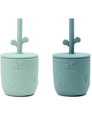 Done By Deer Peekaboo Straw Cup set of 2 - Wally - Blue - 100% Food Grade Silicone Cutlery
