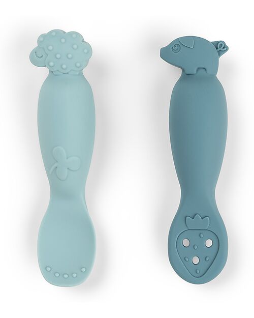 Done By Deer Set of 2 Learning Silicone Spoons - Tiny Farm - Blue Cutlery