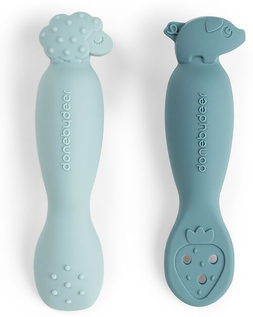 Done By Deer Set of 2 Learning Silicone Spoons - Tiny Farm - Blue Cutlery
