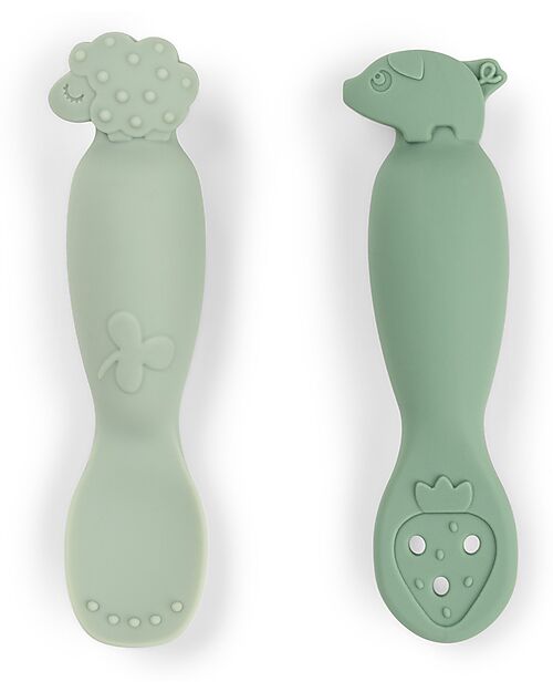 Done By Deer Set of 2 Learning Silicone Spoons - Tiny Farm - Green Cutlery