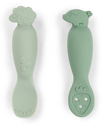 Done By Deer Set of 2 Learning Silicone Spoons - Tiny Farm - Green Cutlery