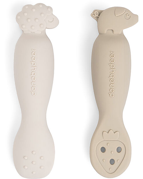 Done By Deer Set of 2 Learning Silicone Spoons - Tiny Farm - Sand Cutlery