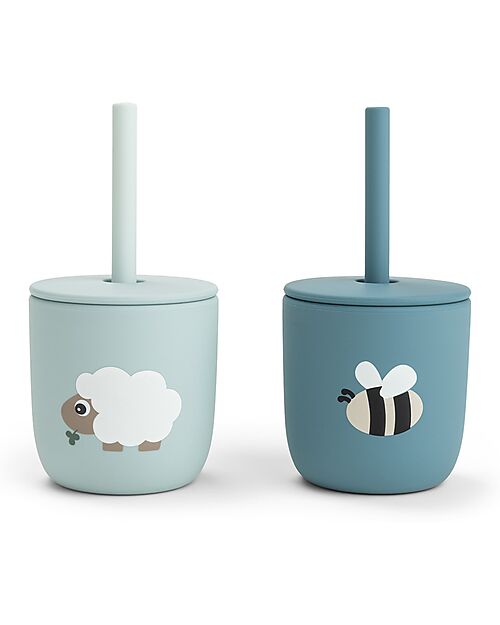 Done By Deer Set of 2 Straw Cup 120 ml - Tiny Farm - Blue - 100% Food Grade Silicone - 12m+ Beakers
