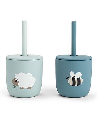 Done By Deer Set of 2 Straw Cup 120 ml - Tiny Farm - Blue - 100% Food Grade Silicone - 12m+ Cups
