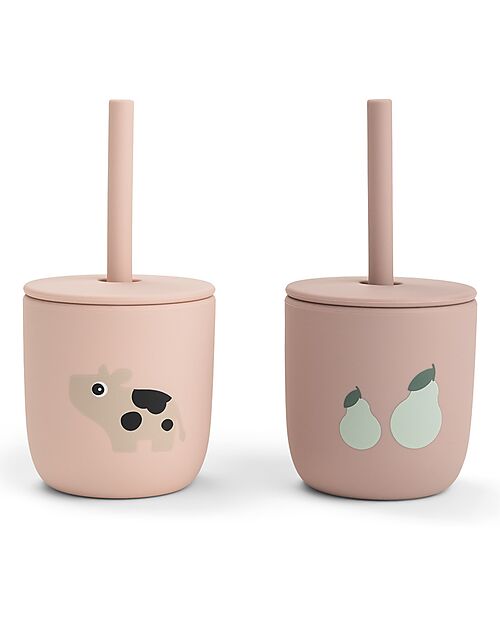 Done By Deer Set of 2 Straw Cup 120 ml - Tiny Farm - Powder - 100% Food Grade Silicone - 12m+ Cups