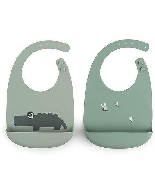 Done By Deer Silicone Bib - Set of 2 - Croco - Green - Food Grade Silicone - with Pocket Waterproof Bibs