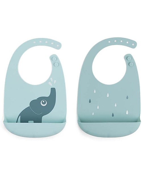 Done By Deer Silicone Bib - Set of 2 - Elphee - Blue - Food Grade Silicone - with Pocket Waterproof Bibs