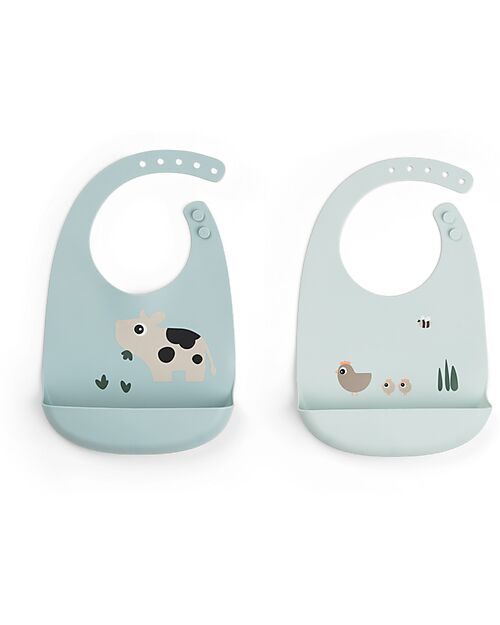 Done By Deer Silicone Bib - Set of 2 - Tiny Farm - Blue - 100% Food Grade Silicone - with Pocket Waterproof Bibs