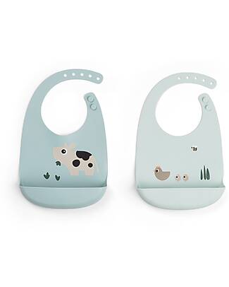 Done By Deer Silicone Bib - Set of 2 - Tiny Farm - Blue - 100% Food Grade Silicone - with Pocket Waterproof Bibs