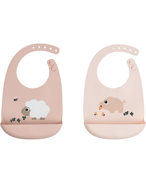 Done By Deer Silicone Bib - Set of 2 - Tiny Farm - Powder - 100% Food Grade Silicone - with Pocket Waterproof Bibs