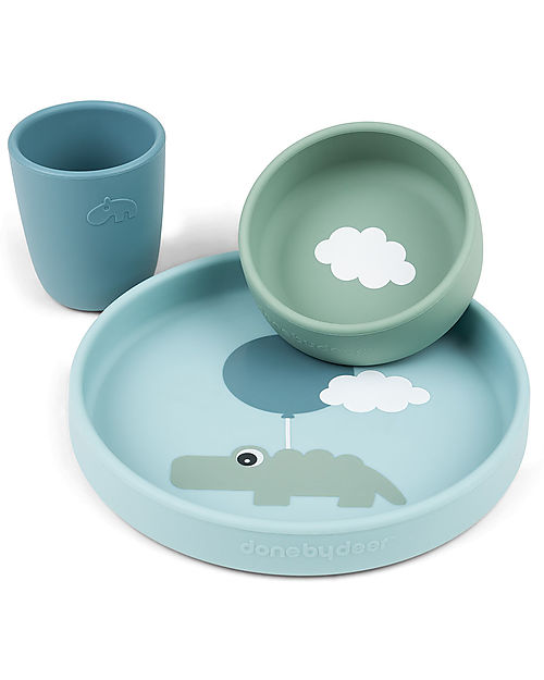 Done By Deer Silicone Dinner Set - Plate Bowl and Cup - Happy Clouds - Blue Meal Sets