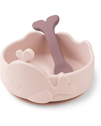 Bamboom Baby Food Set - Bib + Bowl + Spoon + Glass with Spout - Pink -  Antibacterial Silicone unisex (bambini)
