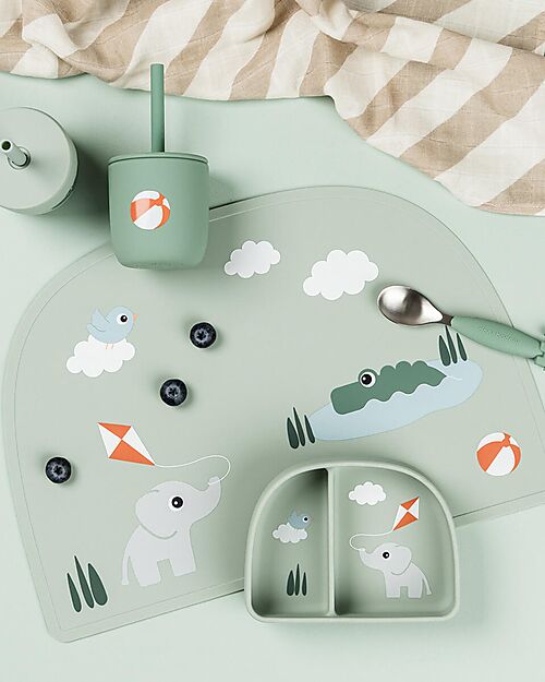 Done By Deer Stick&Stay Compartment Bowl - Playground - Green - 100% Food Grade Silicone Bowls & Plates