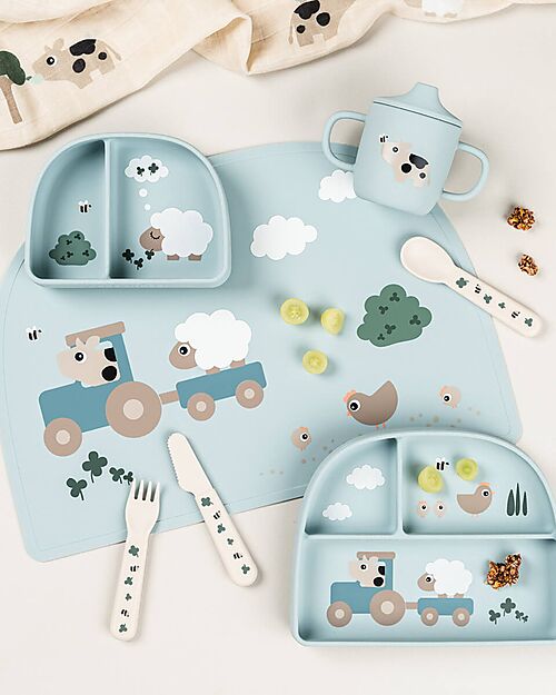Done By Deer Stick&Stay Compartment Bowl - Tiny Farm - Blue - 100% Food Grade Silicone Bowls & Plates