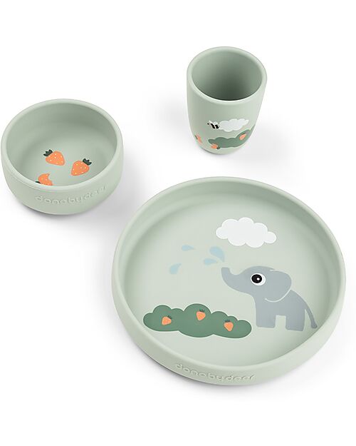 Done By Deer Stick&Stay Dinner Set - Plate Bowl and Cup - Elphee - Green - 100% Food-Grade Silicone Meal Sets