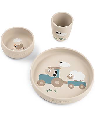 Done By Deer Stick&Stay Dinner Set - Plate Bowl and Cup - Tiny Farm - Sand - 100% Food-Grade Silicone Meal Sets