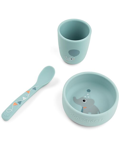 Done By Deer Stick & Stay First Meal Set - Bowl Cup and Spoon - Celebration - Blue - 100% food grade Silicone Meal Sets