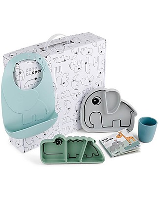 Done By Deer Tableware Goodie Box - Plate, Snack Plate, Bib and Mini Cup - Deer Friends - Blue Mix - Food-Grade Silicone Meal Sets