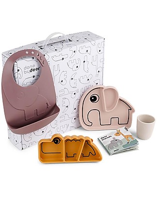 Done By Deer Tableware Goodie Box - Plate, Snack Plate, Bib and Mini Cup - Deer Friends - Powder Mix - Food-Grade Silicone Meal Sets