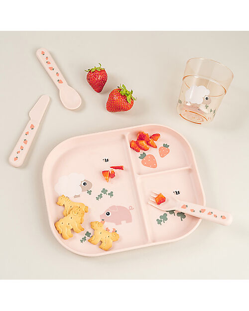 Done By Deer Tiny Farm Compartment Plate - Powder - 100% Food-Grade PP Bowls & Plates