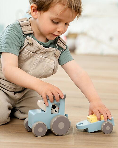 Done By Deer Tiny farm tractor - Dotti Blue - 18m+ Wooden Stacking Toys