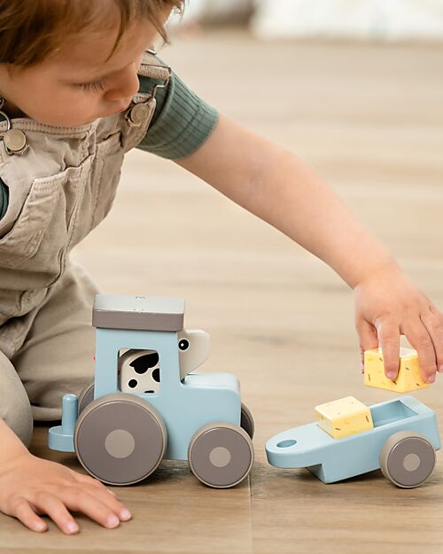 Done By Deer Tiny farm tractor - Dotti Blue - 18m+ Wooden Stacking Toys