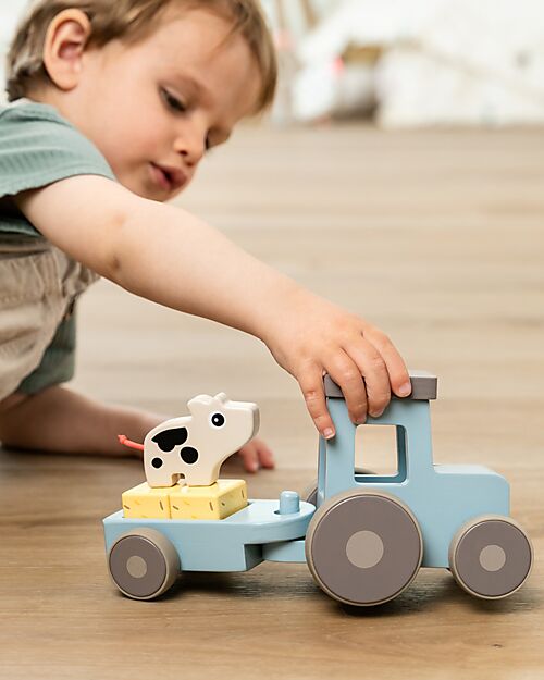 Done By Deer Tiny farm tractor - Dotti Blue - 18m+ Wooden Stacking Toys