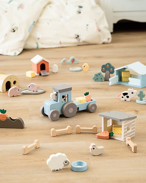 Done By Deer Tiny farm tractor - Dotti Blue - 18m+ Wooden Stacking Toys