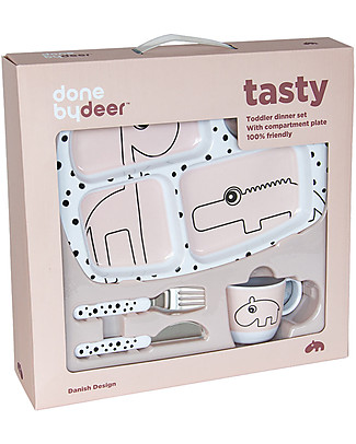 Done By Deer Toddler Dinner Set Happy Dots, Powder - Compartment plate, mug, cutlery Meal Sets