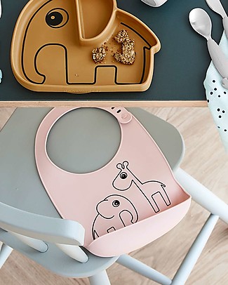 Done By Deer Waterproof Bib with Pocket Deer Friends, Powder - 100% silicone Waterproof Bibs