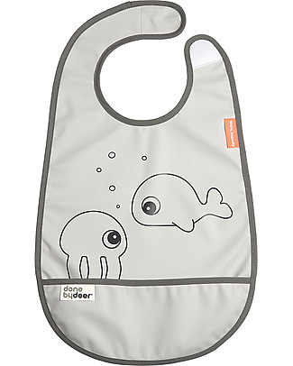 Done By Deer Waterproof Bib with Pocket Sea Friends - Grey - Velcro Closing Snap Bibs