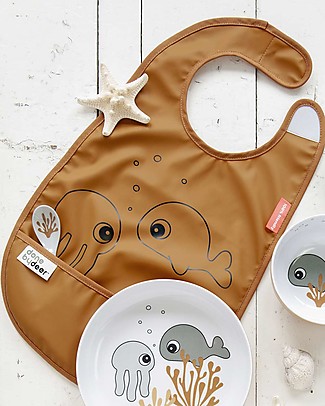 Done By Deer Waterproof Bib with Pocket Sea Friends - Mustard - Velcro Closing Snap Bibs