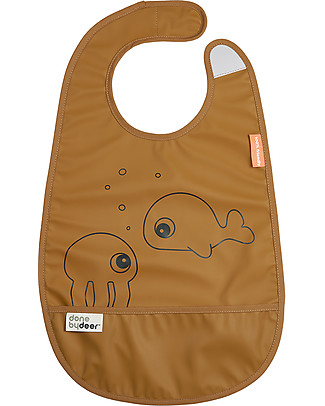 Done By Deer Waterproof Bib with Pocket Sea Friends - Mustard - Velcro Closing Waterproof Bibs