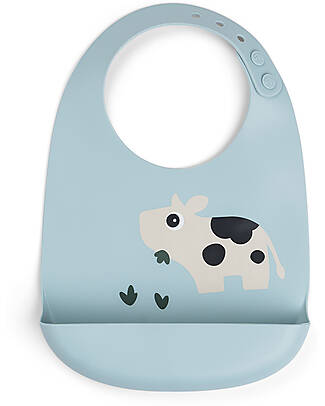 Done By Deer Waterproof Bib with Pocket - Tiny Farm - Blue - 100% Silicone Waterproof Bibs