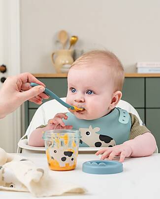 Done By Deer Waterproof Bib with Pocket - Tiny Farm - Blue - 100% Silicone Waterproof Bibs