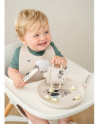 Done By Deer Waterproof Bib with Pocket - Tiny Farm - Sand - 100% Silicone Waterproof Bibs