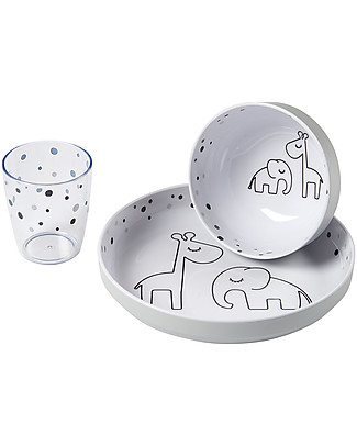 Done By Deer Yummy Mini Dinner Set Grey Dreamy dots - With Plate, Bowl and Glass Meal Sets